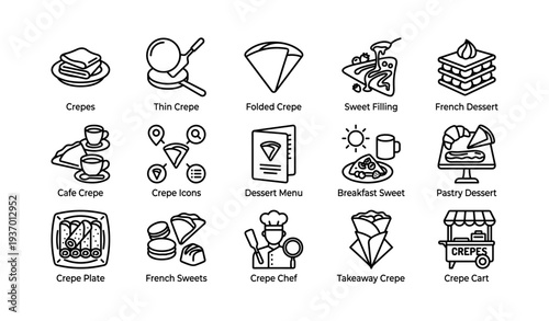 Crepe icons set featuring sweet and savory french dessert illustrations
