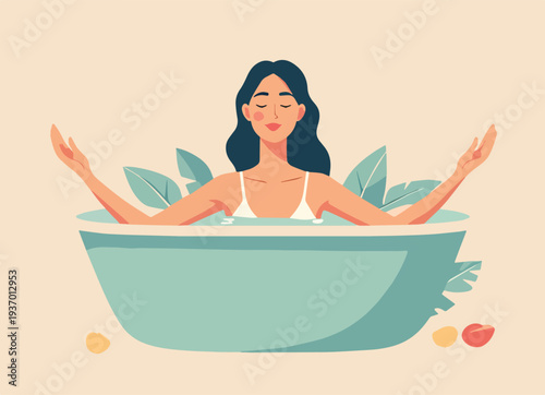 donna nella vasca da bagno in casa, relax ferie, riposo, yoga vettoriale 