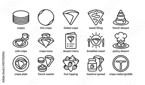 Crepe icons: folded crepe, sweet filling, french dessert, breakfast sweet, cafe crepe