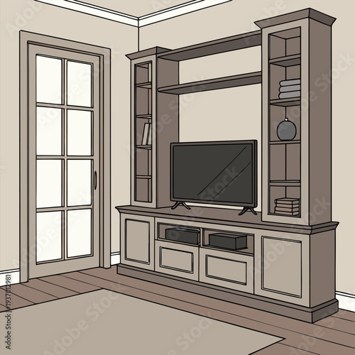 living room interior with a wooden TV cabinet and flat screen TV on top