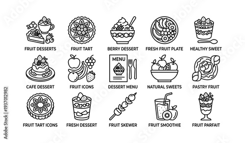 Outline icons of various fruit desserts and sweet treats including tarts and smoothies