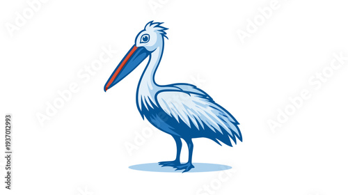 A cartoon illustration of a pelican standing, depicted in shades of blue and white on a white background