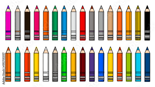 A vibrant row of various colored pencils, arranged in two neat lines, ideal for artistic use