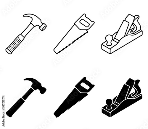 Woodworking Hand Tools Icons Set Featuring Hammer Hand Saw and Wood Plane in Line Art and Solid Black Silhouette Styles for Carpentry and DIY Projects