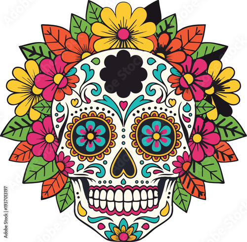 Colorful sugar skull with floral crown, Dia de los Muertos Mexican folk art illustration