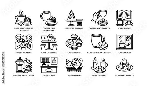 Cafe atmosphere with desserts and coffee symbols