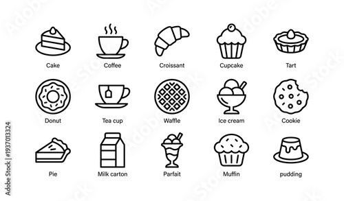 Outline icons of desserts and beverages: cake, coffee, croissant, cupcake, tart, donut, tea, waffle, ice cream, cookie, pie, milk, parfait, muffin, pudding