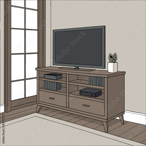 living room interior with a wooden TV cabinet and flat screen TV on top