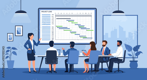 Business meeting with project timeline presentation.