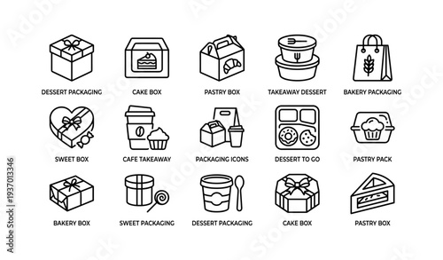 Bakery packaging icons: dessert, cake, pastry, takeaway - line art labels