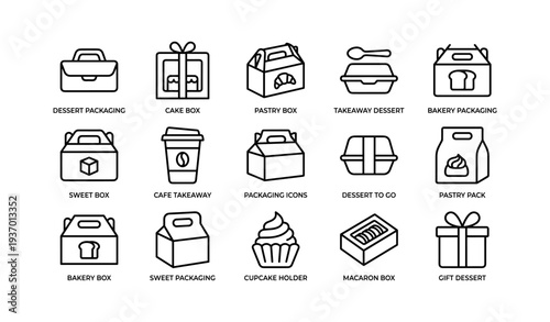 Dessert and pastry packaging icons: cake box, takeaway, cupcake holder, gift pack