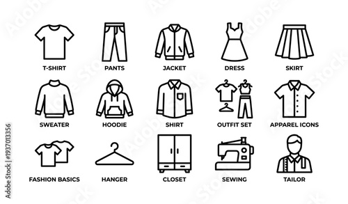 Fashion basics icons set: t-shirt, pants, jacket, dress, skirt, sweater, hoodie, shirt, sewing, tailor