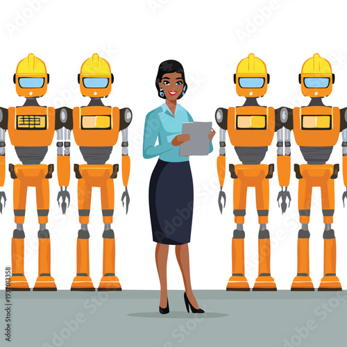 Woman works with robots at a desk