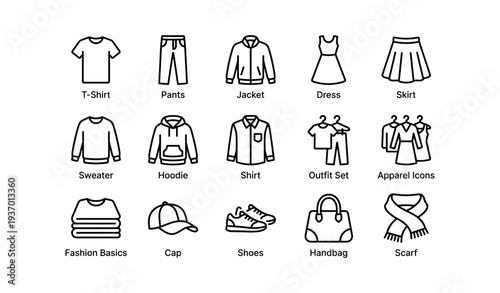 Clothing line icons set featuring t-shirt, pants, jacket, dress, and more