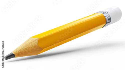 A yellow pencil, with gray graphite and an eraser, lies at an angle on a white surface