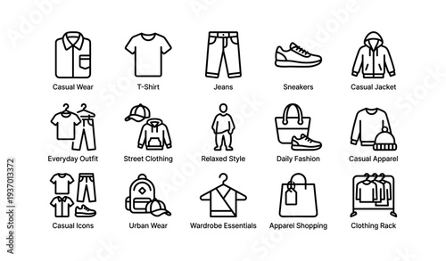 Casual fashion icons collection featuring t-shirts jeans sneakers jackets and accessories