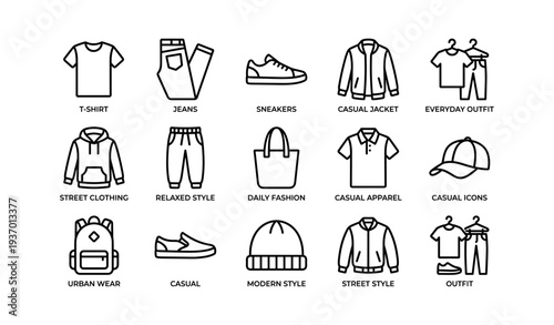 Casual fashion icons collection featuring apparel and accessories
