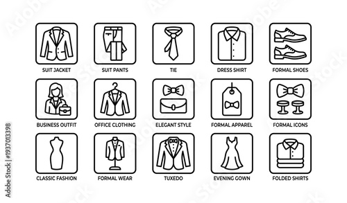 Formal clothing and accessories icons set featuring suits, ties, and dresses