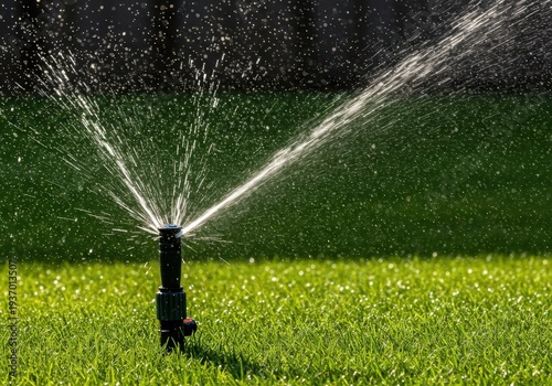 Rotating lawn sprinkler head spraying fine jets of fresh water across vibrant green turf during routine irrigation on a sunny afternoon, flow, garden, growth