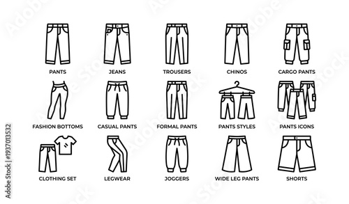 Collection of pants icons featuring various styles including jeans, trousers, chinos, and joggers