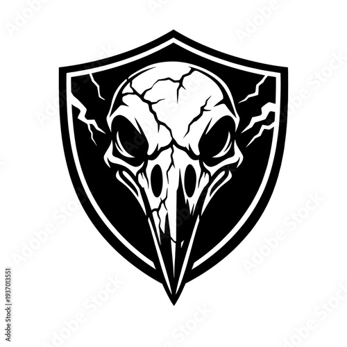 Fierce raven skull logo. Black & white vector art. Cracked avian skull in shield with lightning. Ideal mascot for gaming, esports, dark brands, apparel. Symbolizes power, mystery, authority, gothic th