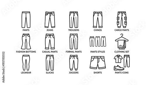 Types of men's pants and shorts icons: jeans, trousers, chinos, cargo, joggers