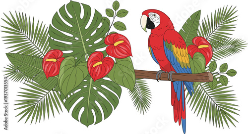 Colorful tropical parrot vector illustration perched on branch, surrounded by exotic rainforest foliage, vibrant flowers, lush jungle leaves, detailed artwork