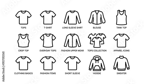 Fashion upper wear icons: t-shirt, blouse, hoodie, sweater collection