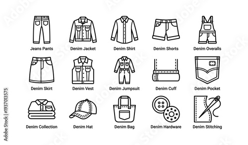Denim clothing icons: jeans, jacket, shirt, shorts, overalls, skirt, vest, jumpsuit, cuff, pocket