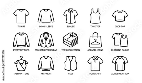 Collection of apparel icons featuring tops and upper wear designs