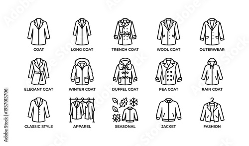 Icons of various coat styles and outerwear fashion