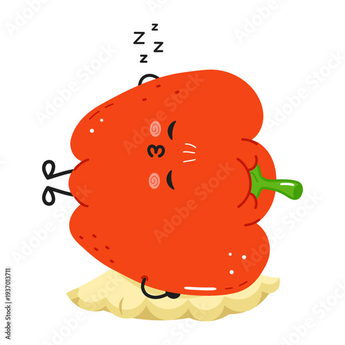 Cute red pepper cartoon character sleeping on a pillow
