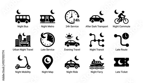 Night transport icons: bus, metro, services, commute, routes