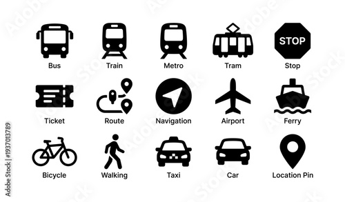 Public transportation icons: bus, train, metro, tram, stop, route, navigation, airport, ferry