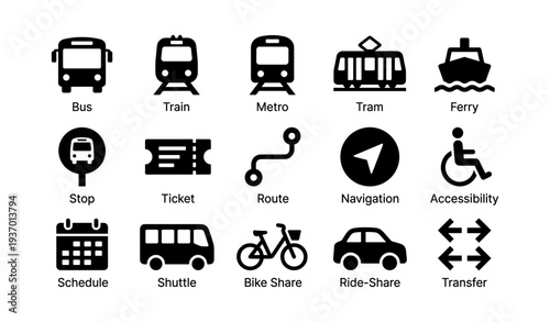 Public transport icons: bus, train, metro, tram, ferry, bicycle, car share