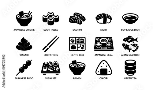 Japanese cuisine icons: sushi, sashimi, ramen, onigiri, green tea
