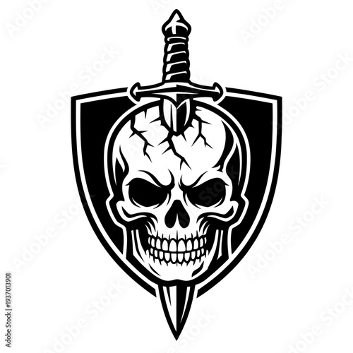 Menacing Cracked Skull with Sword & Shield Emblem Vector Art - A powerful black & white gothic warrior logo for gaming, apparel, tattoos, & fantasy designs. Ideal for dark themes, symbolic imagery, he