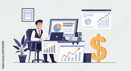 Man working at desk with financial charts and computer.