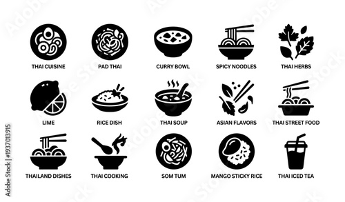 Thai cuisine icons: noodles, soup, herbs, rice, pad thai, spices, lime