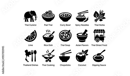 Thai cuisine icons: pad thai, curry bowl, spicy noodles, thai herbs, street food
