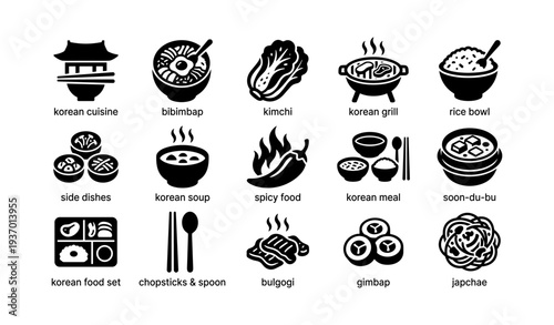 Korean cuisine icons set: bibimbap, kimchi, korean grill, rice bowl, side dishes