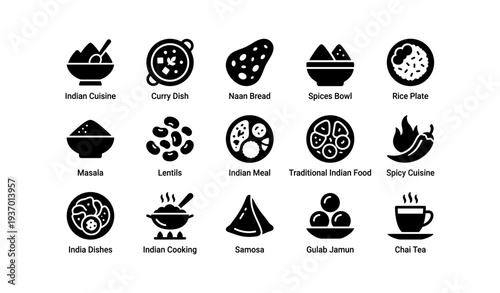 Indian cuisine icons collection: curry, naan, spices, rice plate, samosa, chai