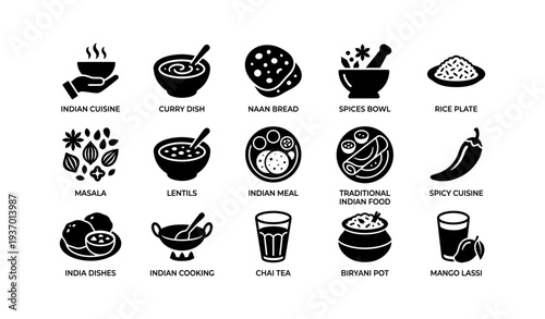Indian cuisine icons: curry, naan, spices, rice, masala, lentils, chai, biryani