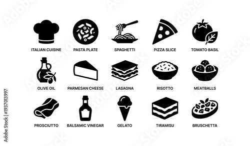 Italian cuisine icons: pasta, pizza, olive oil, parmesan, gelato, tiramisu