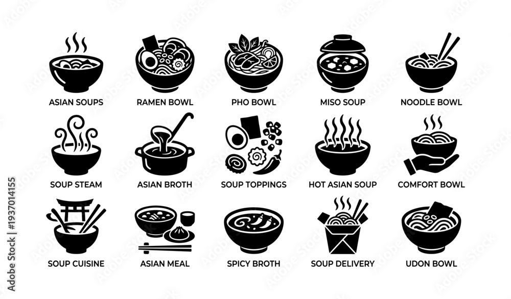 Fototapeta premium Asian soups icons: ramen, pho, miso, noodles, and more