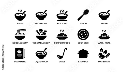 Set of 16 soup icons featuring bowls, noodles, and cooking utensils