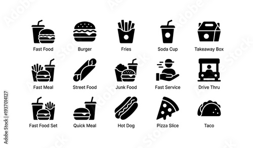 Assorted fast food icons: burger, fries, soda, hot dog, pizza, taco