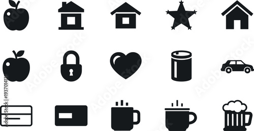 Assorted lifestyle icons set with home, food, drink, and security symbols for professional business app interface and website vector design.