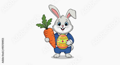 A vector illustration of an Easter bunny holding a carrot and a decorated egg