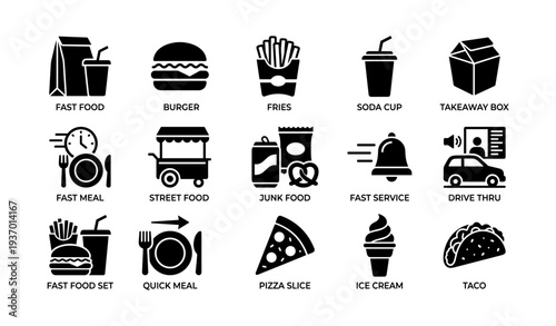 Collection of fast food icons featuring burgers, fries, and ice cream